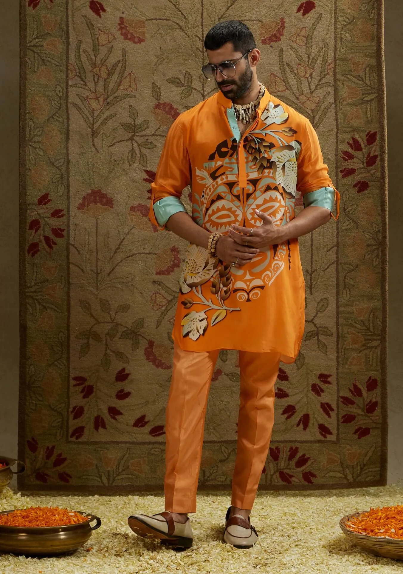 Orange mask print kurta