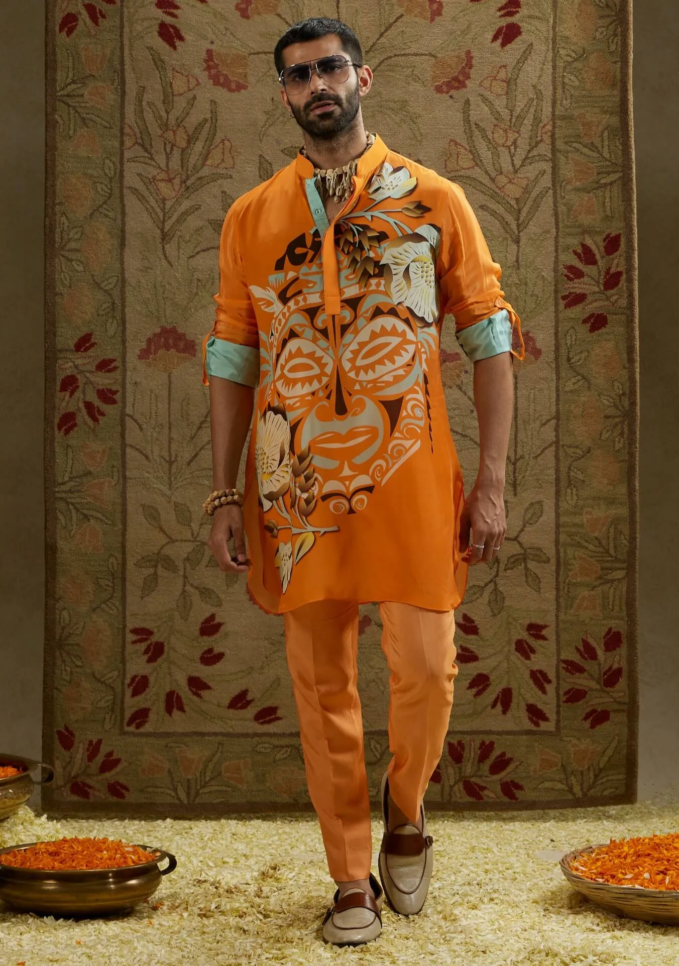 Orange mask print kurta