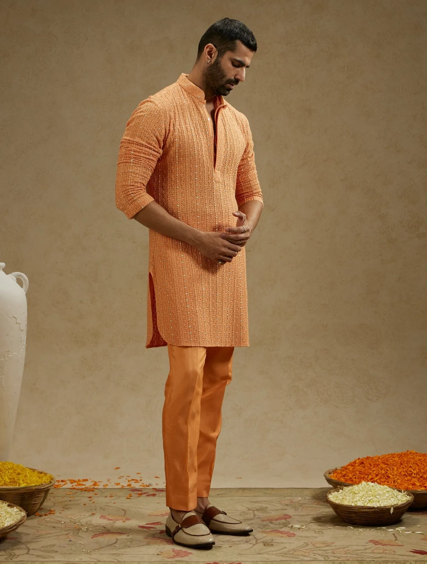 Orange metal embellished lucknowi kurta