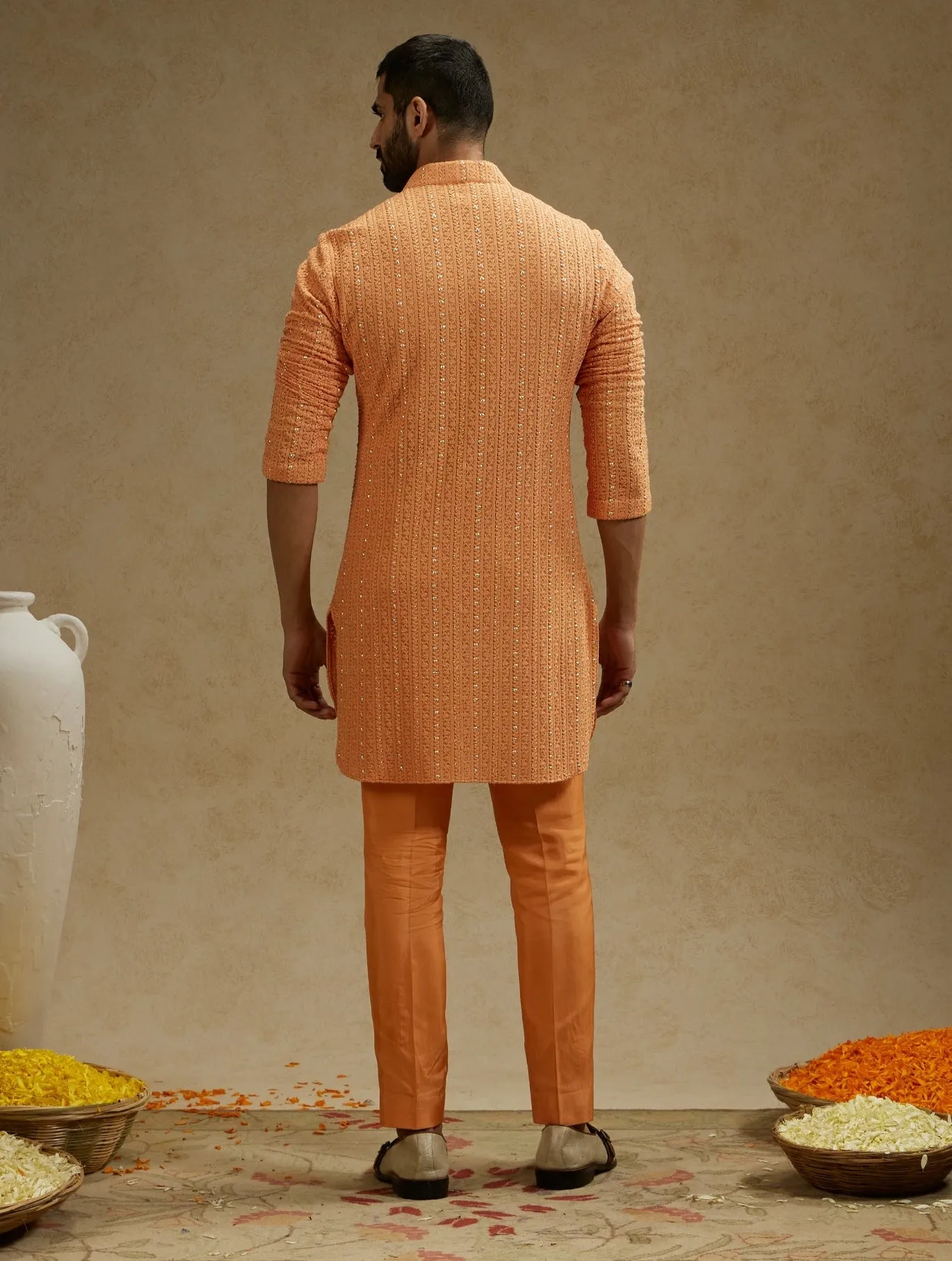 Orange metal embellished lucknowi kurta