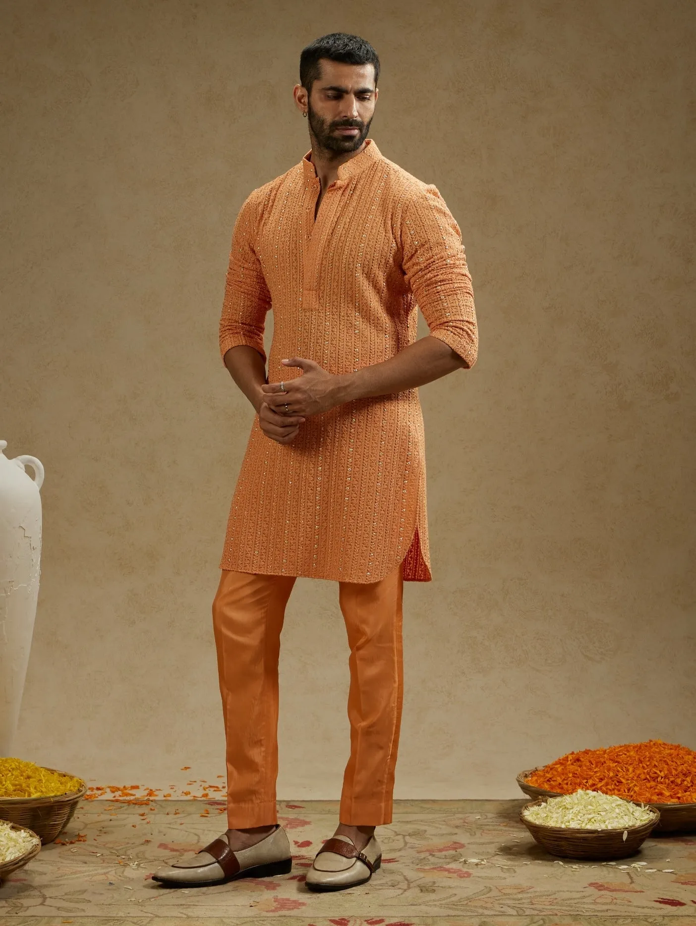 Orange metal embellished lucknowi kurta