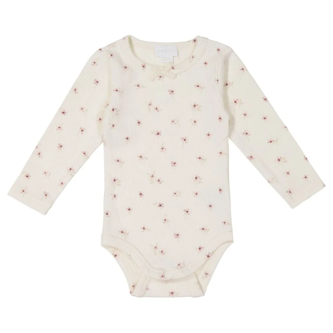 Organic Cotton Fine Rib Long Sleeve Bodysuit - Simple Flowers Egret