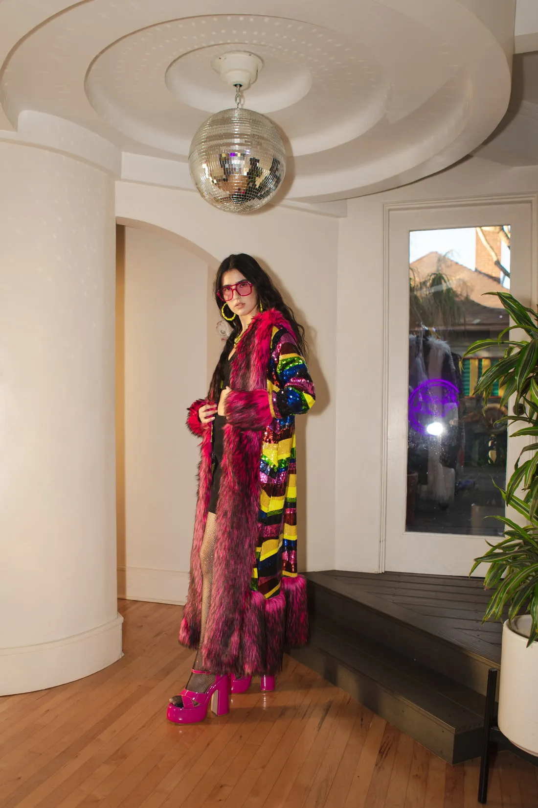 Penny Deluxe Rainbow Coat Sequins Faux Fur M