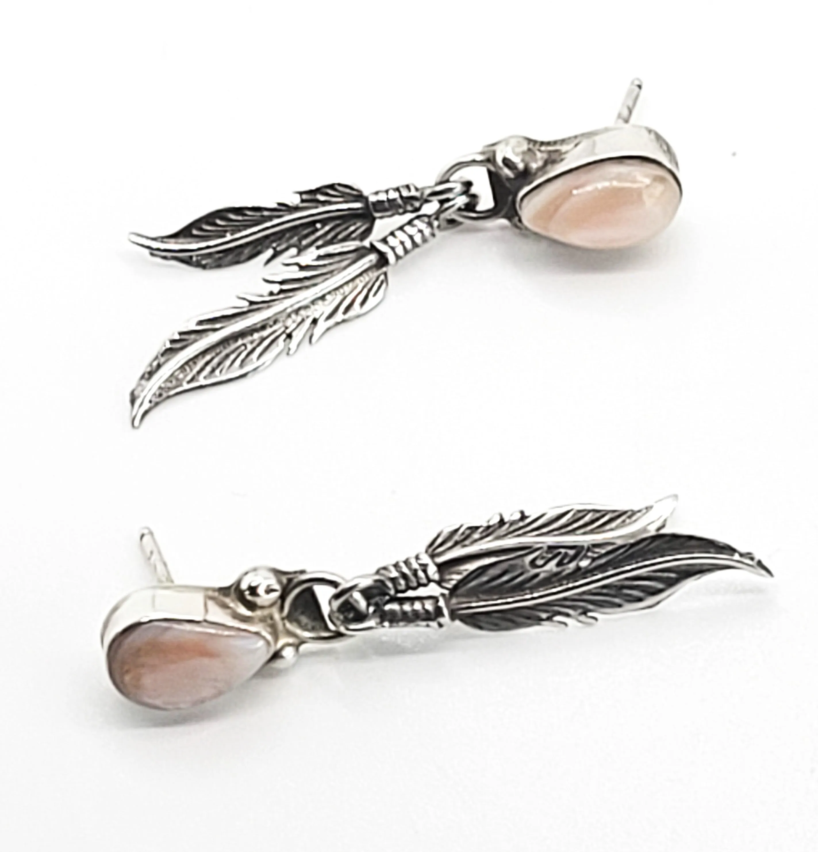 Pink Slipper Shell Native American feather vintage drop sterling silver earrings
