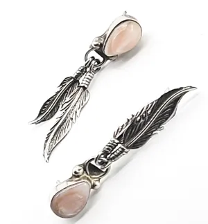 Pink Slipper Shell Native American feather vintage drop sterling silver earrings