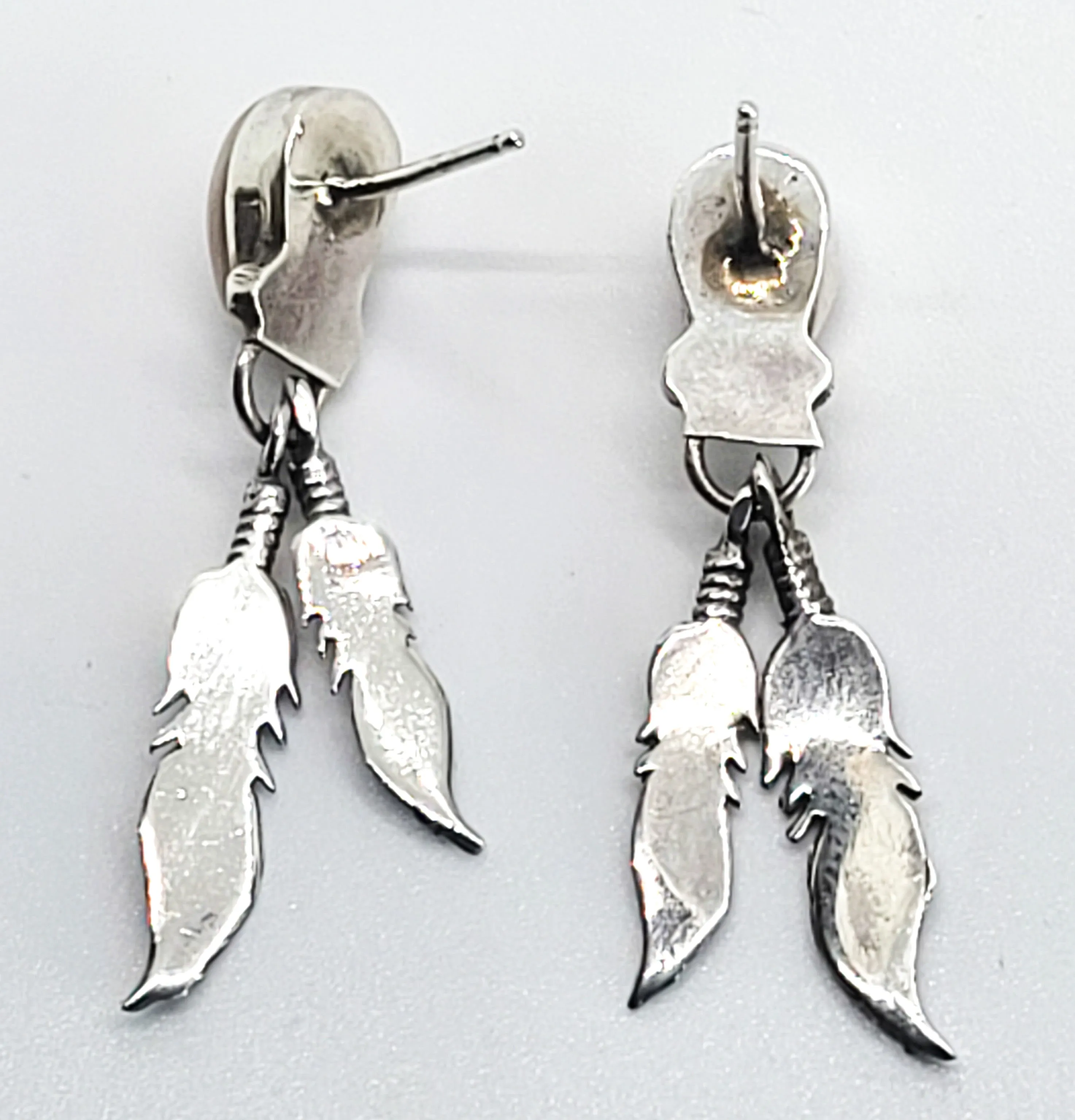 Pink Slipper Shell Native American feather vintage drop sterling silver earrings