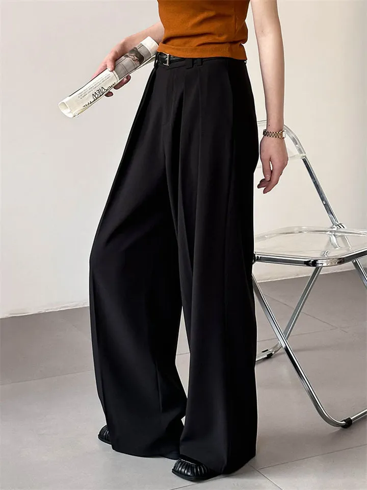 Pleated Simple Loose Fit Straight-Leg Suit Trousers for Ladies