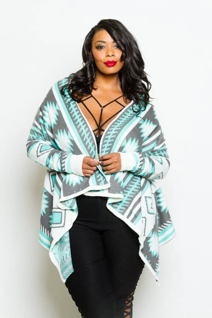 Plus Size Tribal Unique Print Open Knit Cardigan