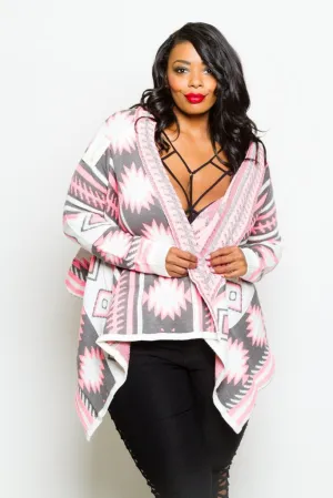 Plus Size Tribal Unique Print Open Knit Cardigan