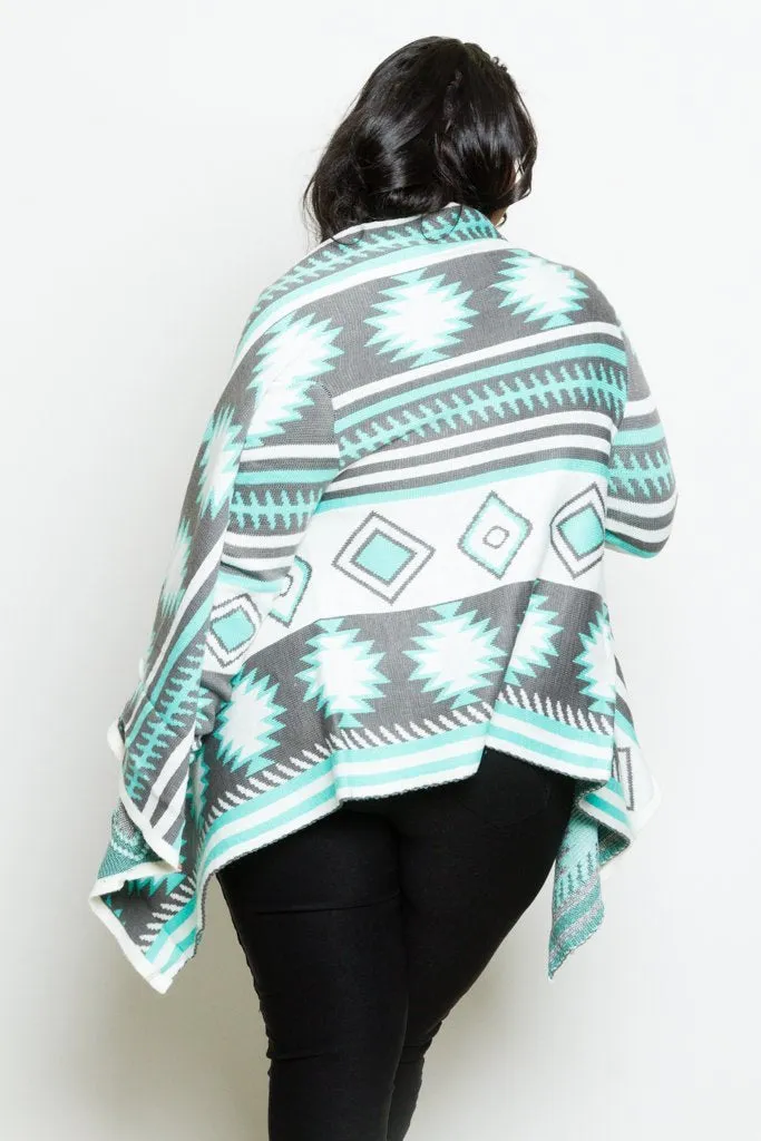 Plus Size Tribal Unique Print Open Knit Cardigan