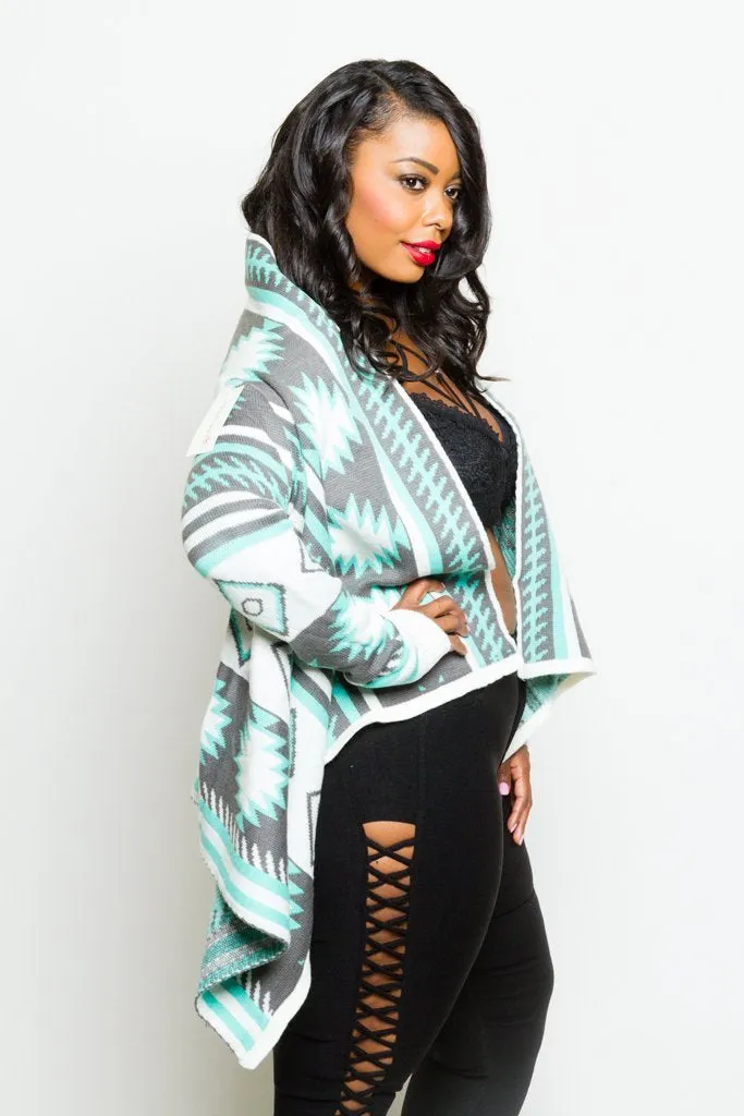 Plus Size Tribal Unique Print Open Knit Cardigan