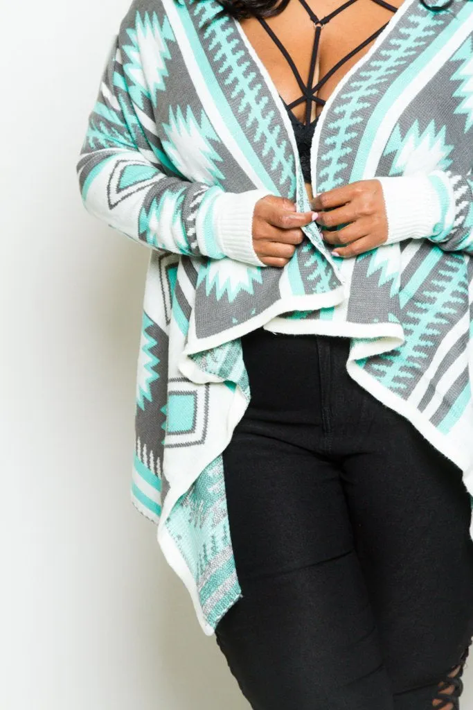 Plus Size Tribal Unique Print Open Knit Cardigan