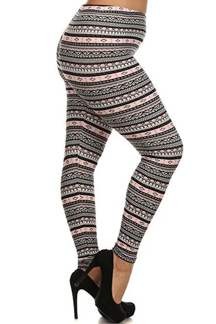 Plus Size Women Soft Tribal Light Pink Print Leggings