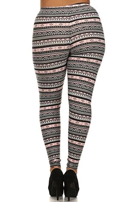 Plus Size Women Soft Tribal Light Pink Print Leggings