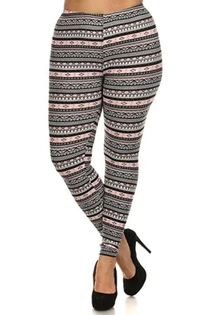 Plus Size Women Soft Tribal Light Pink Print Leggings