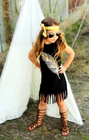 Precious Child Boho Black and Gold Feather Fringe Dress
