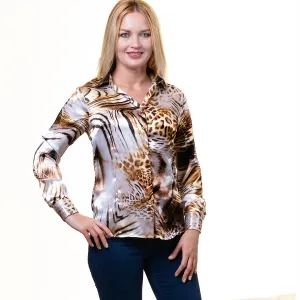 Printed Tan Button Up Shirts for Women - Floral Long Sleeve Cotton Shirts for Formal & Casual