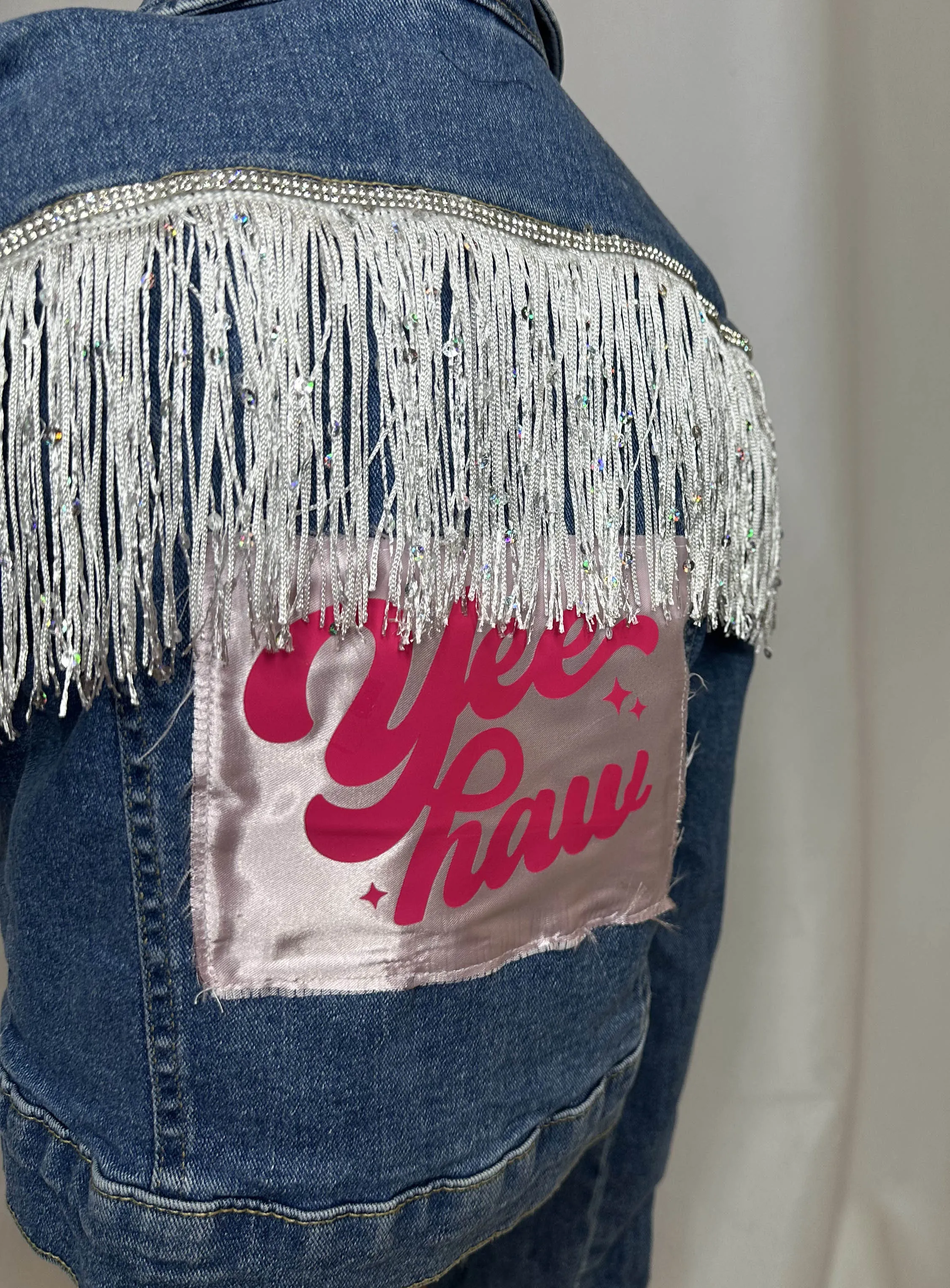 "Yee-Haw" white fringe Kids Denim Jacket
