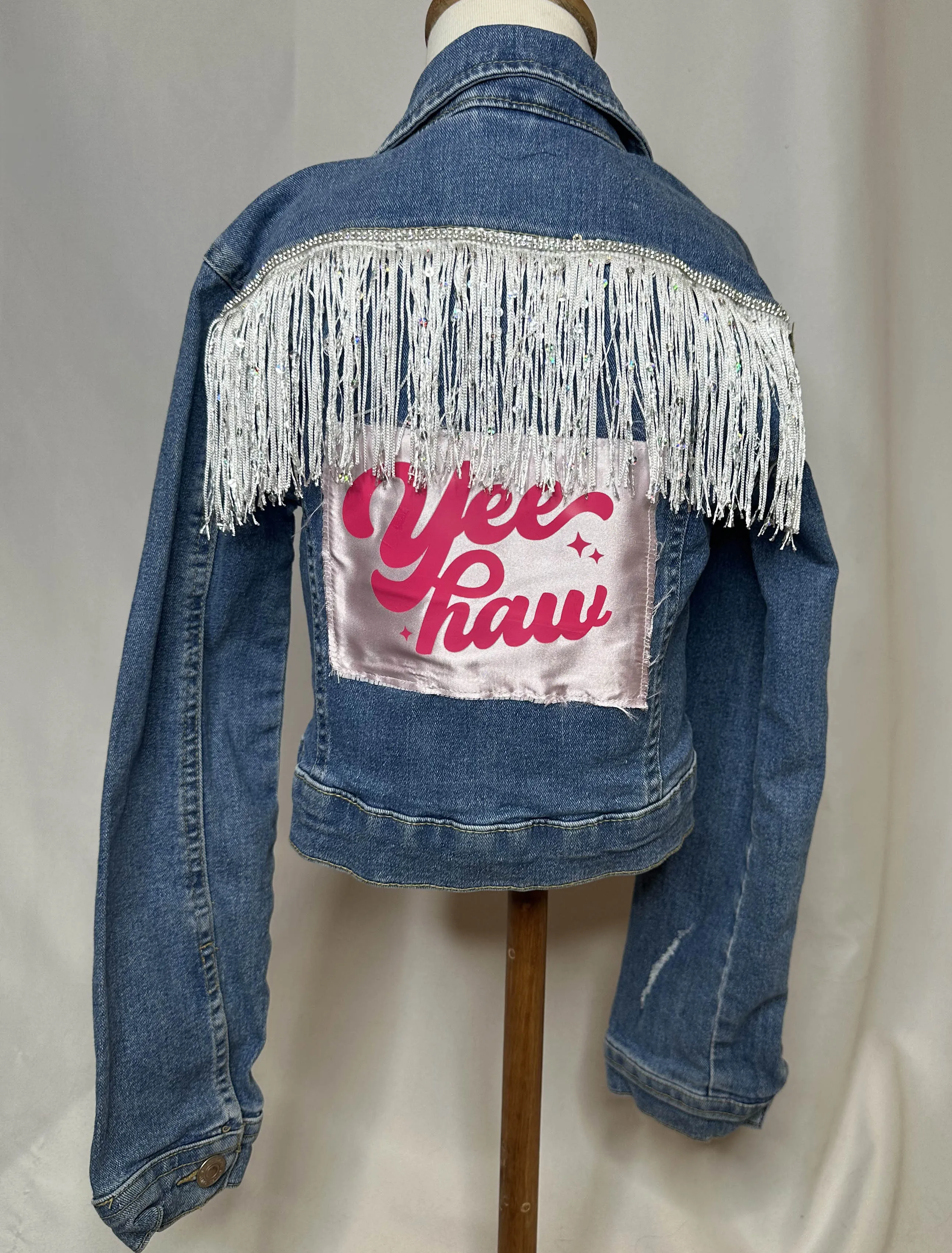 "Yee-Haw" white fringe Kids Denim Jacket