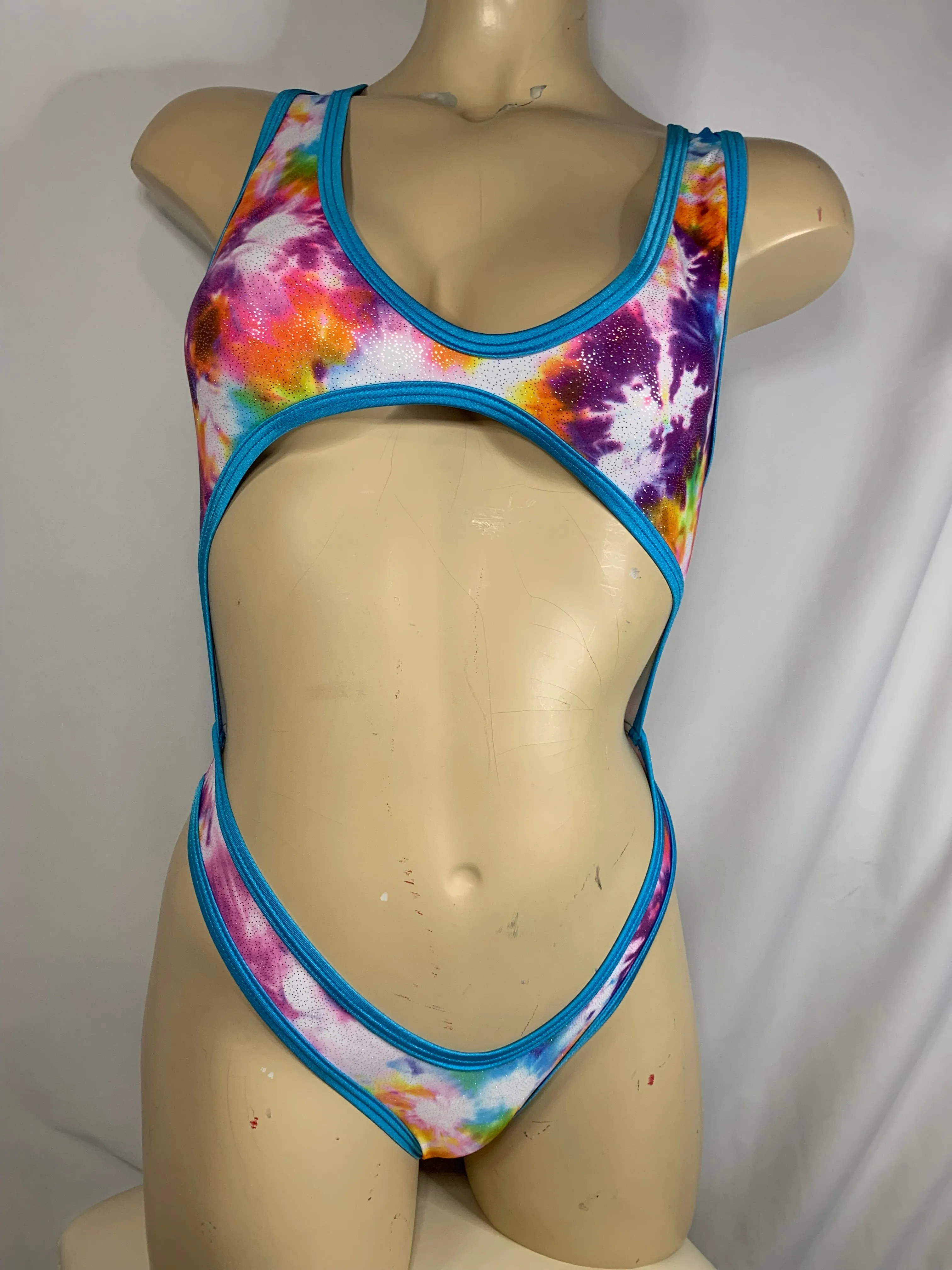 Rainbow Tie-Dye Open Back Open Belly Dancerwear Festivalwear Bodysuit One-Piece