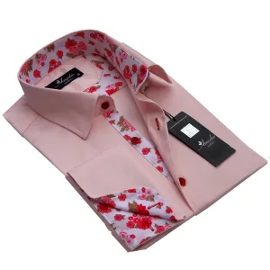 Salmon Pink Floral Mens Slim Fit French Cuff Shirts with Cufflink Holes - Casual and Formal