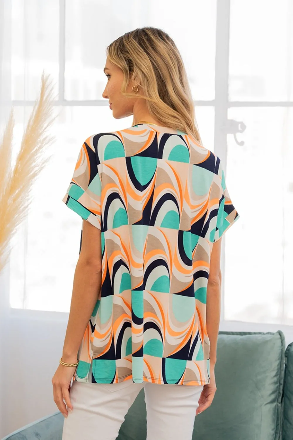 Sew In Love Wrinkle-Free Geometric Short Sleeve Blouse