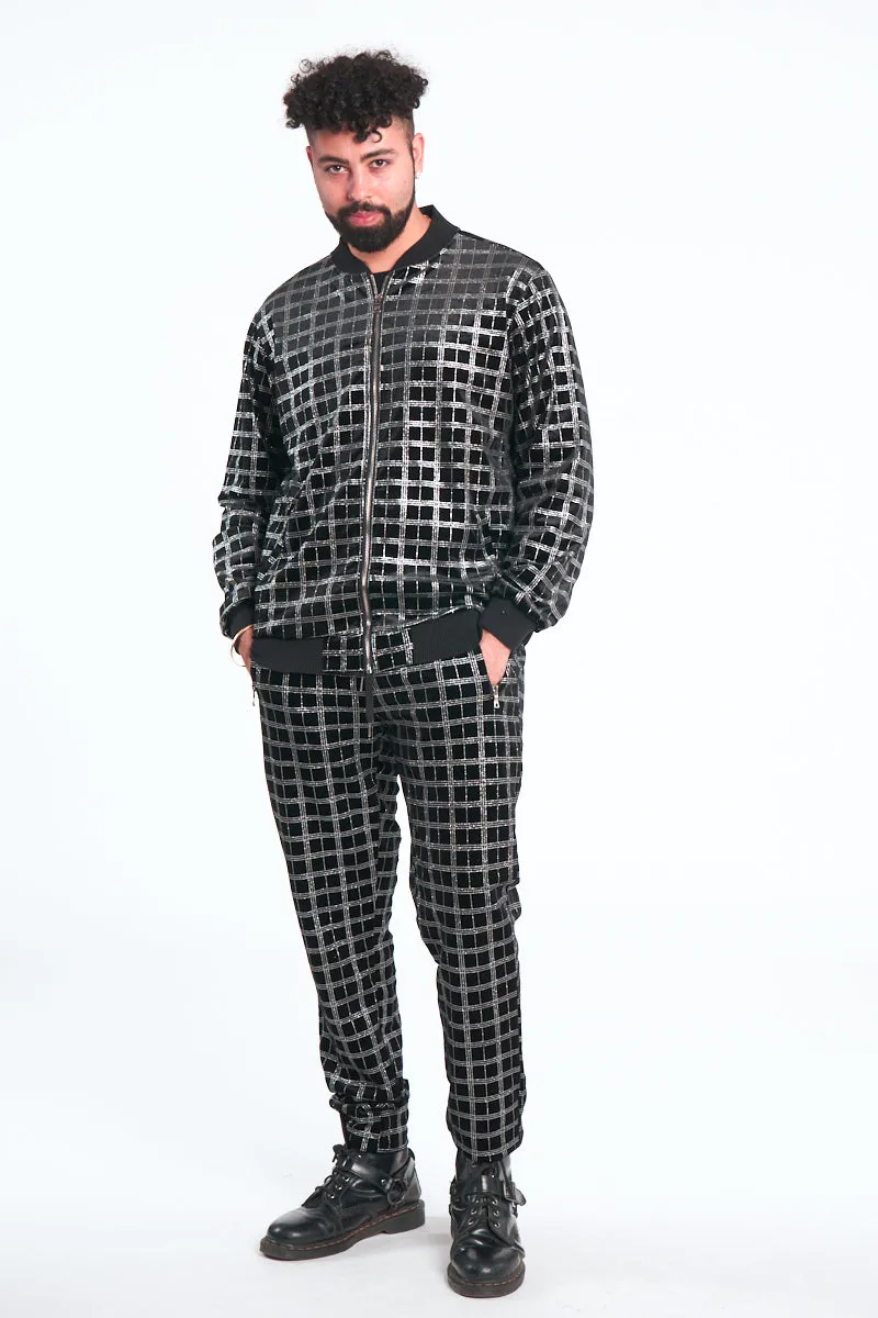 Silver Plaid Glitter Black Velour Track Suit