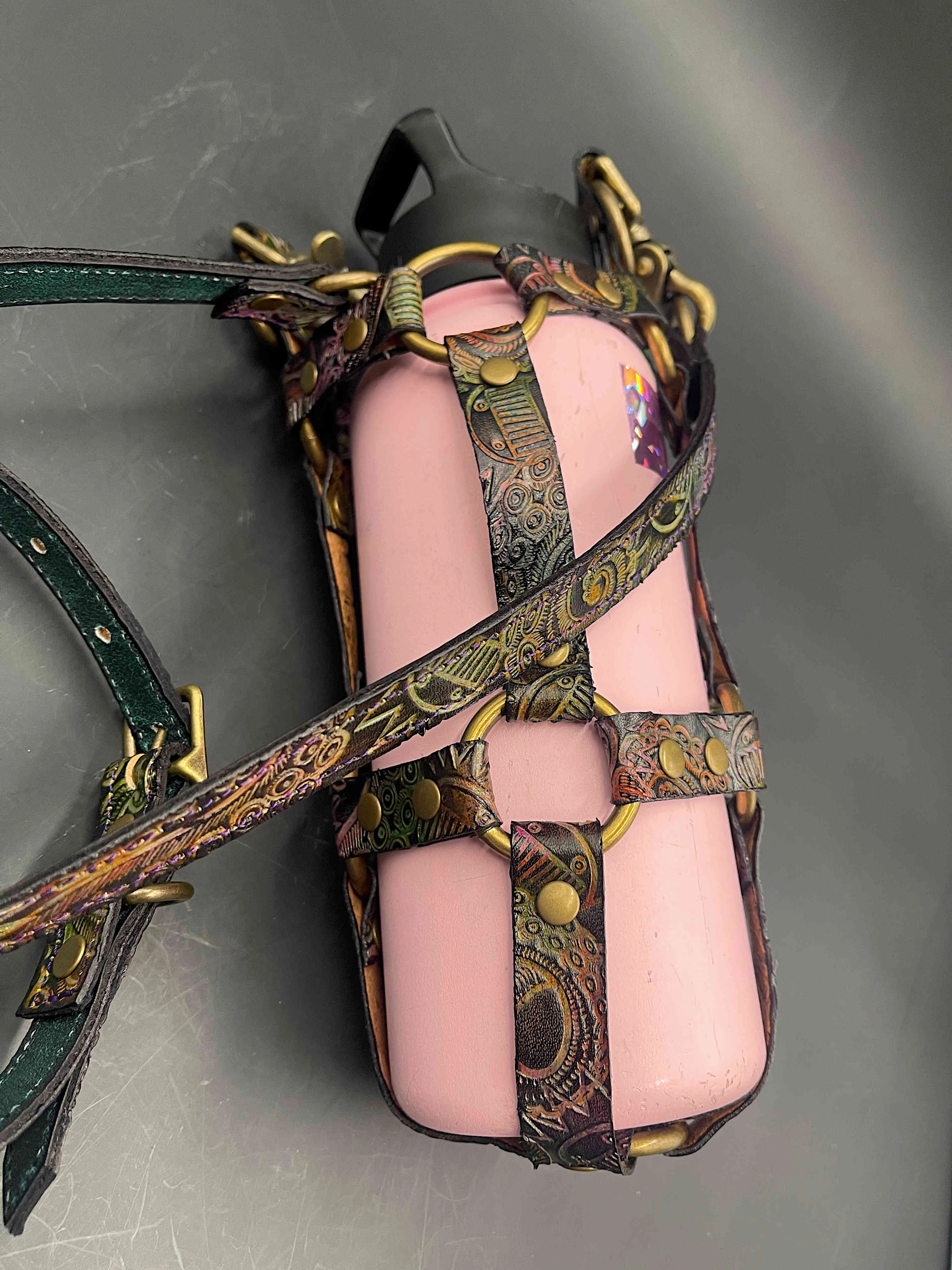 Stamped Leather Bottle Harness - Collaboration: Bellator Leather