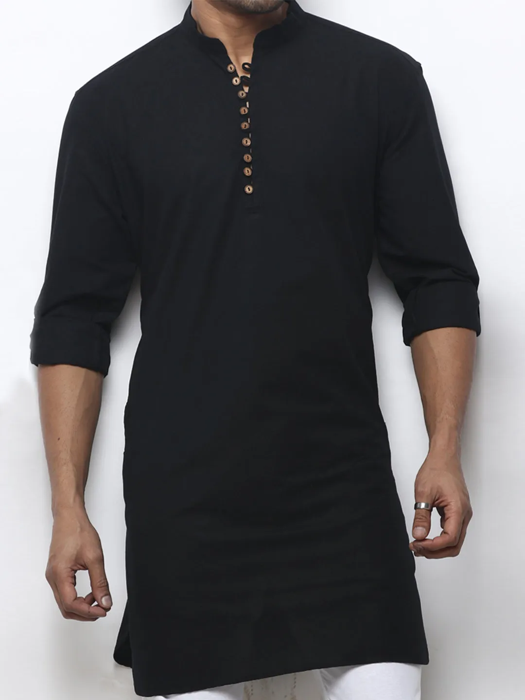 Stunning Men's Plain  Black Mid-Length Cotton Kurta