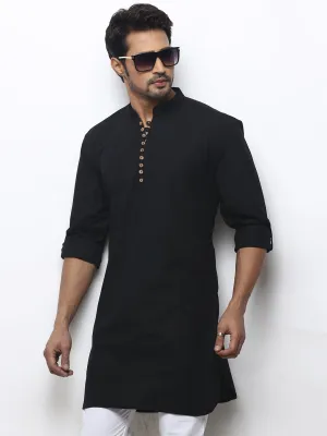 Stunning Men's Plain  Black Mid-Length Cotton Kurta