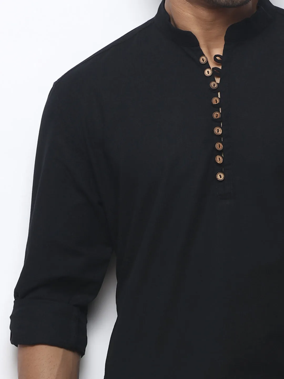 Stunning Men's Plain  Black Mid-Length Cotton Kurta