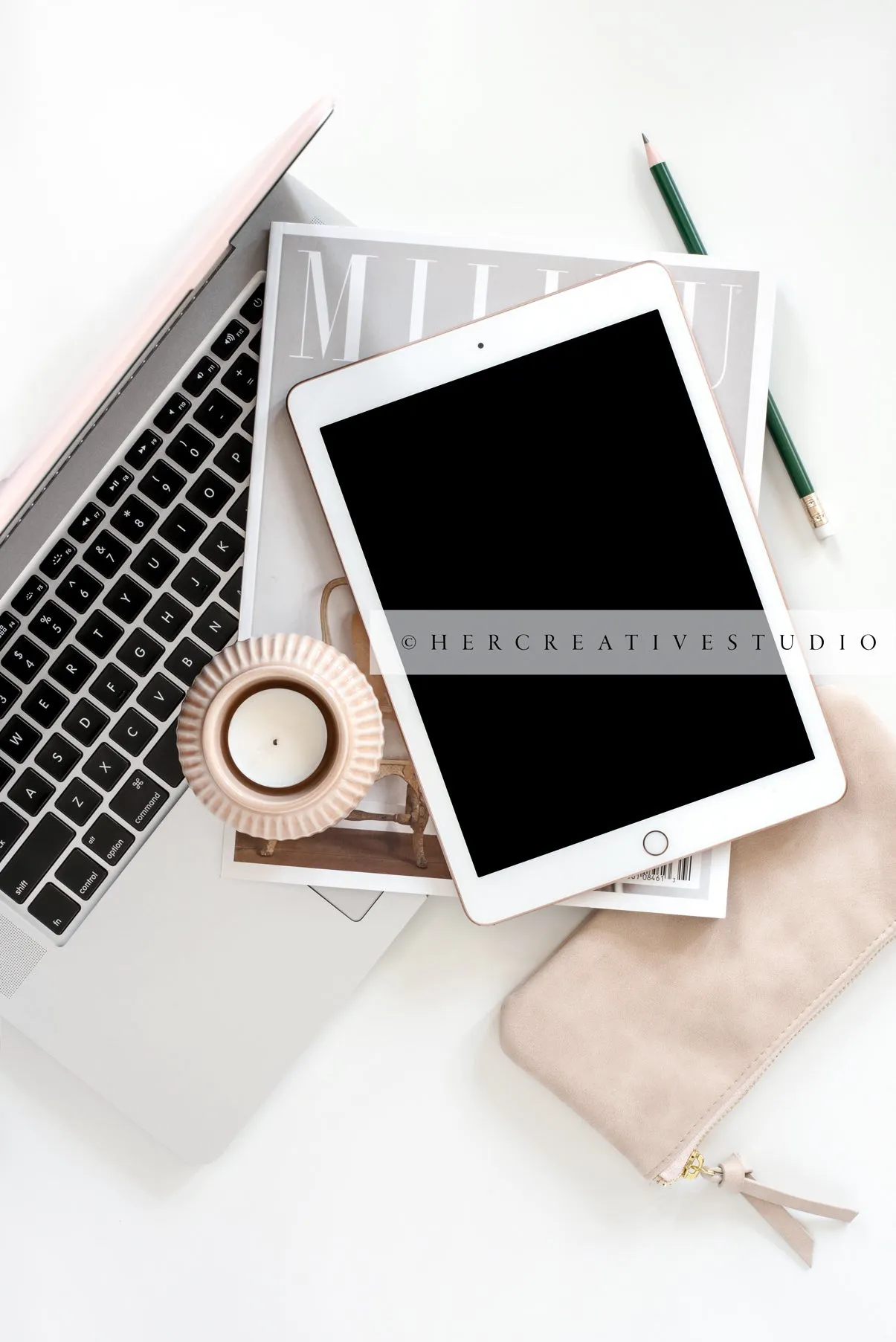 Tablet, Laptop & Pencil Case on White Background