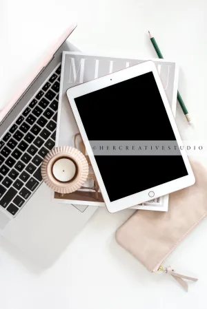 Tablet, Laptop & Pencil Case on White Background