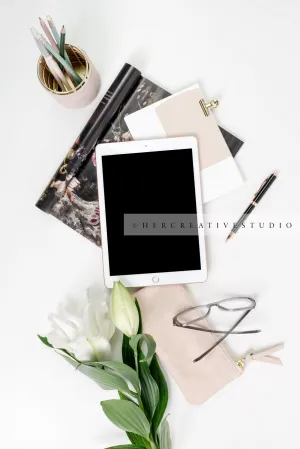 Tablet, Lilly & Pencils Flatlay