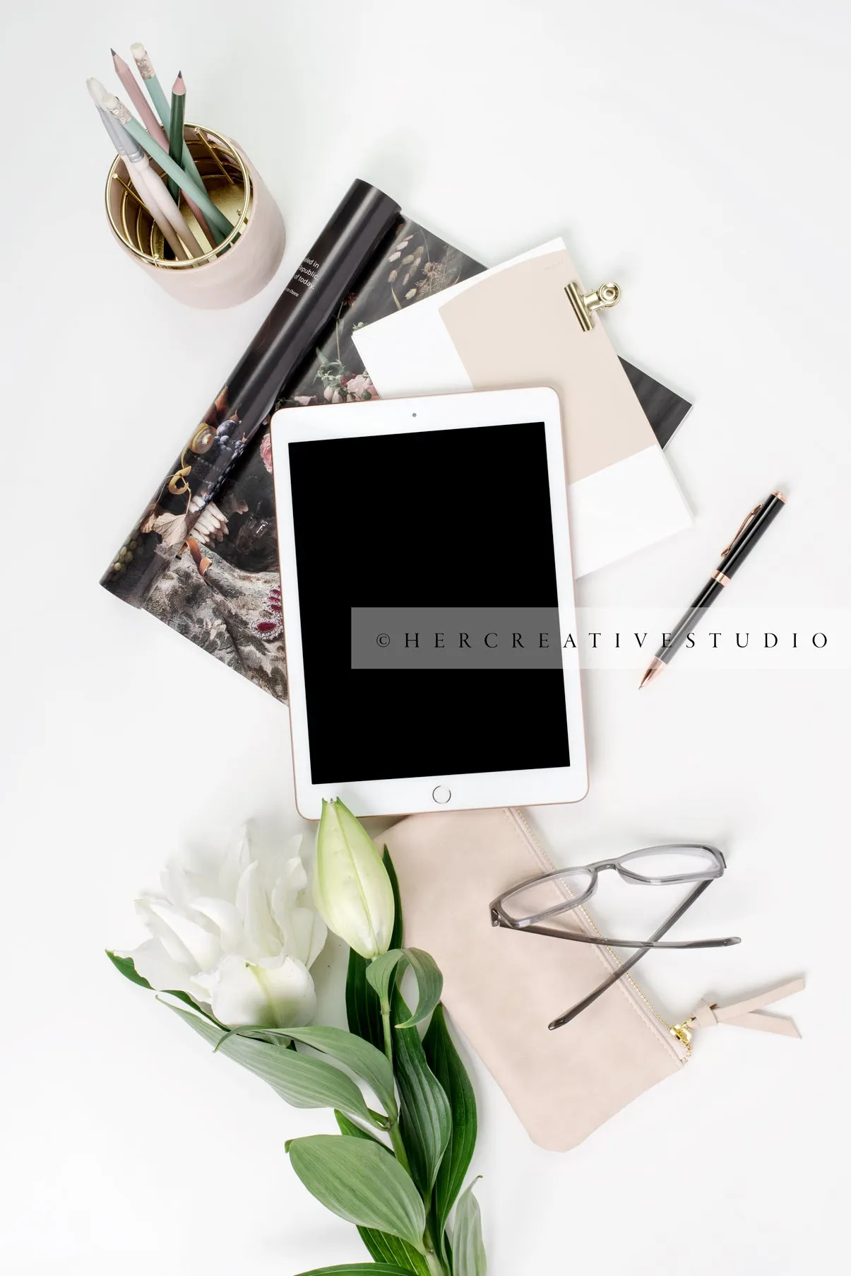 Tablet, Lilly & Pencils Flatlay
