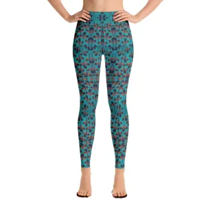 Teal Black Feather African Print Yoga Leggings
