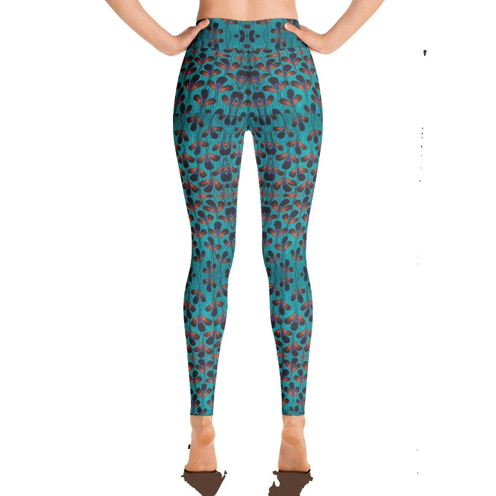 Teal Black Feather African Print Yoga Leggings