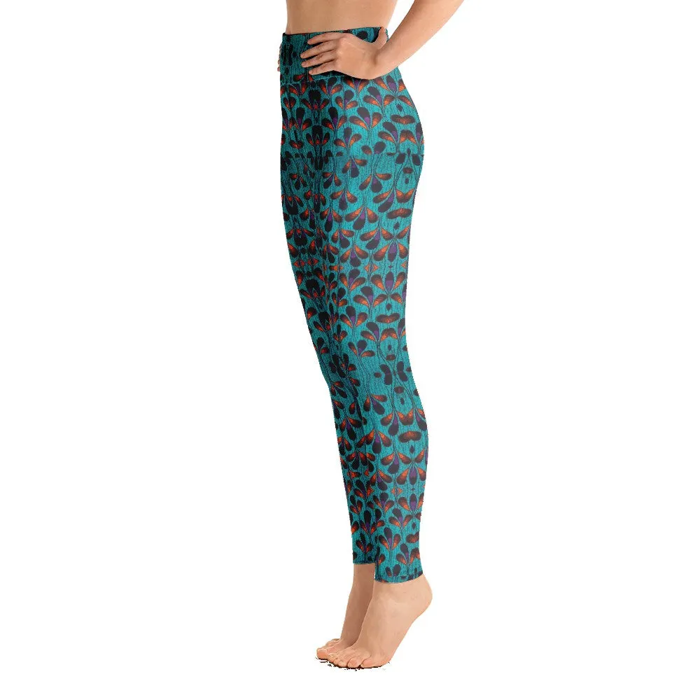 Teal Black Feather African Print Yoga Leggings