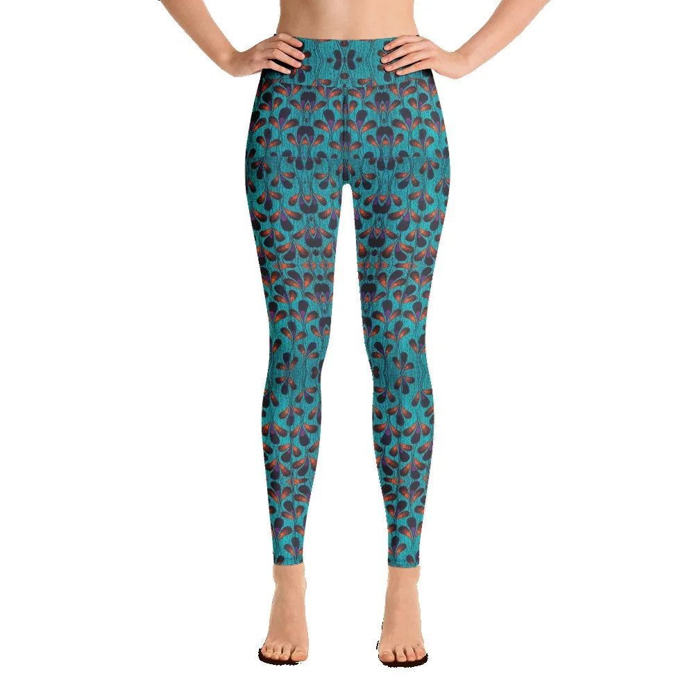 Teal Black Feather African Print Yoga Leggings