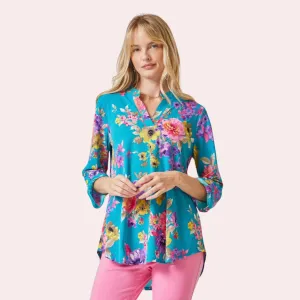 Teal floral print 3/4 sleeve top