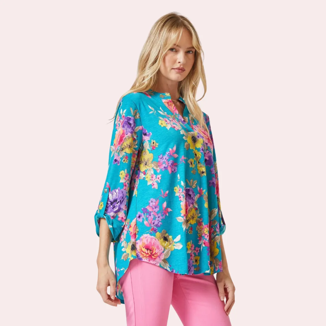 Teal floral print 3/4 sleeve top