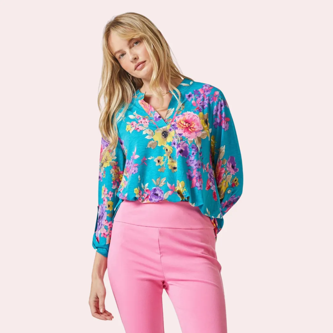 Teal floral print 3/4 sleeve top