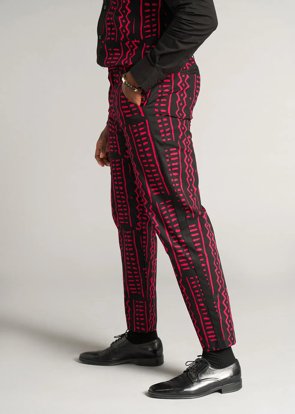 Tendai Men's African Print Trousers (Black Magenta Tribal) - Clearance