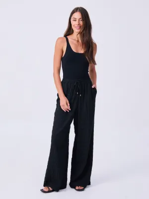 Textured Cotton Callie Wide Leg Pants - Black