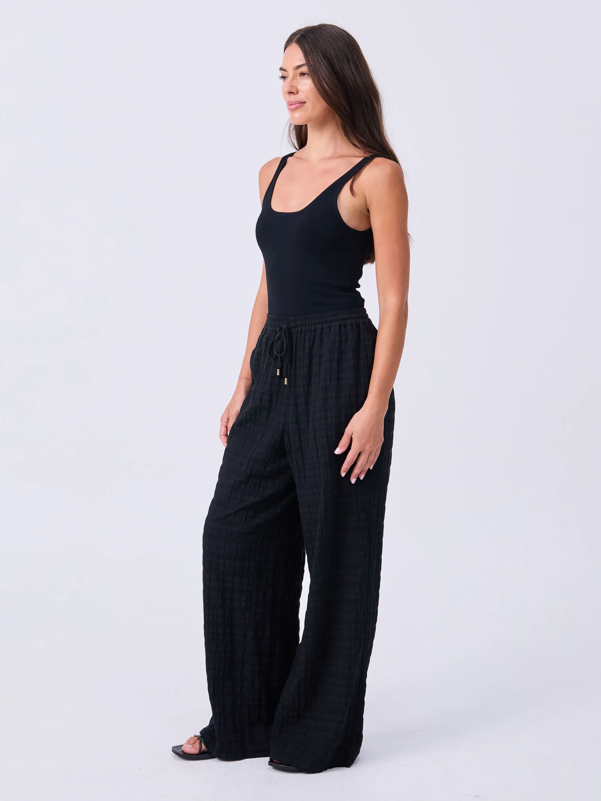 Textured Cotton Callie Wide Leg Pants - Black