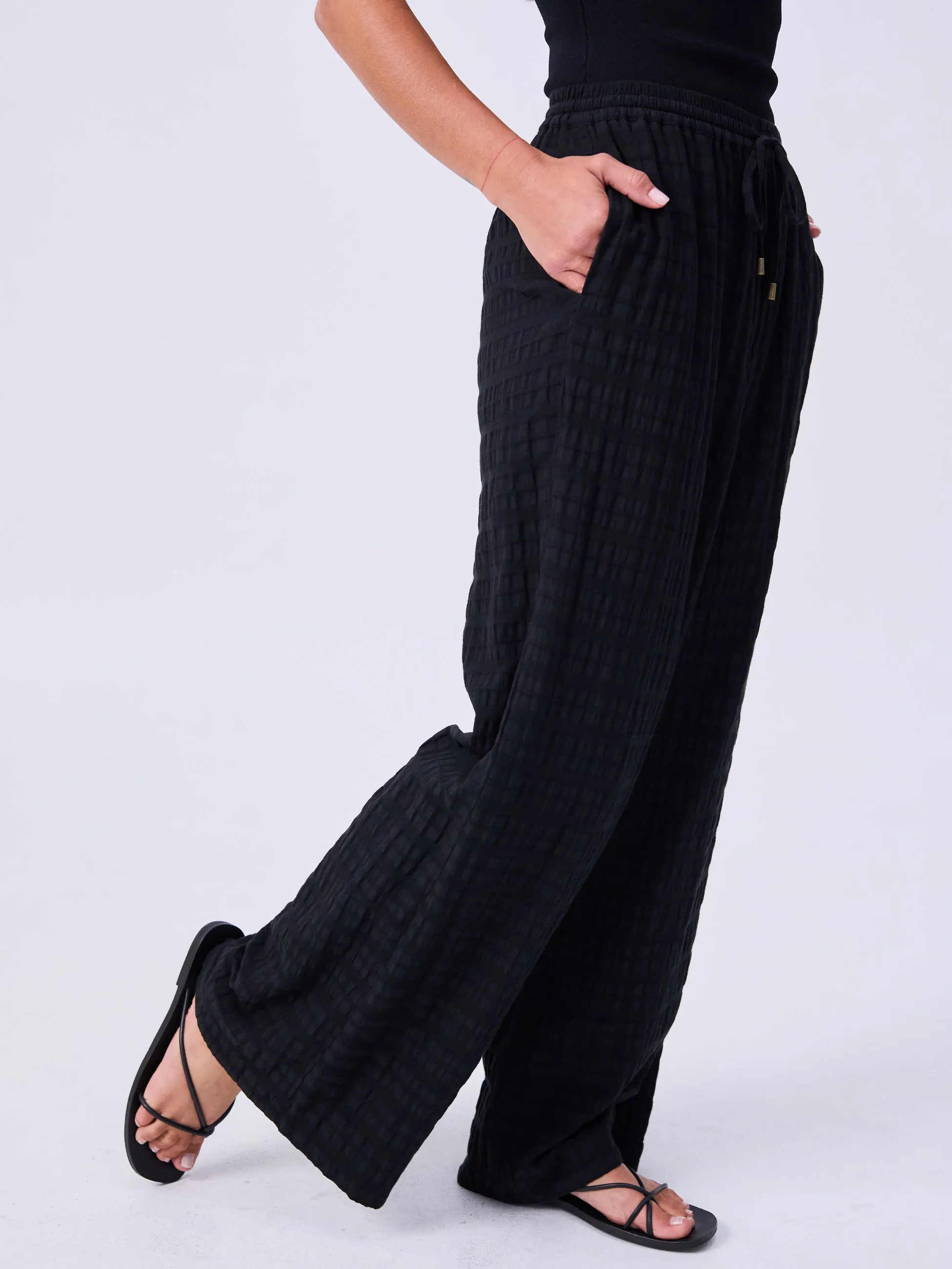 Textured Cotton Callie Wide Leg Pants - Black