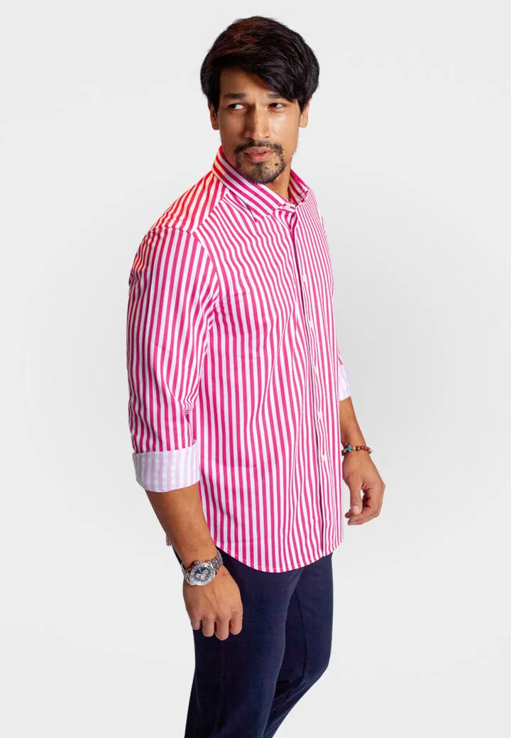 The Go Big Stripe Long Sleeve Tech Shirt - Coral Red