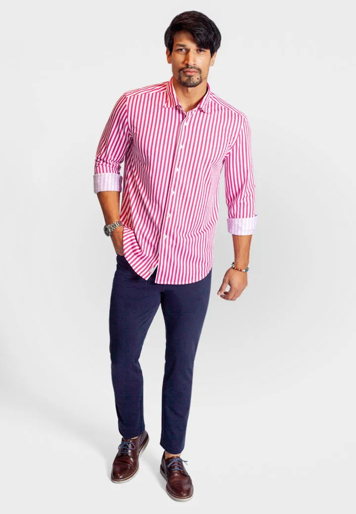 The Go Big Stripe Long Sleeve Tech Shirt - Coral Red