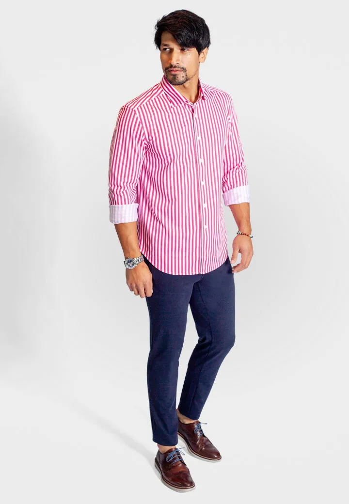 The Go Big Stripe Long Sleeve Tech Shirt - Coral Red