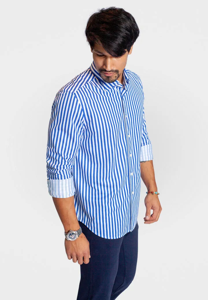 The Go Big Stripe Long Sleeve Tech Shirt - Royal Blue